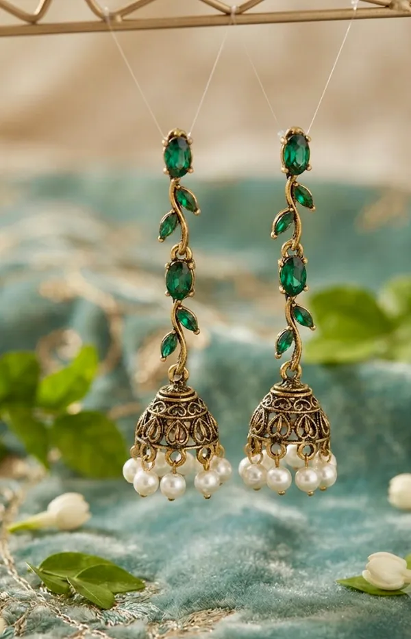 Antique_Gold_Vine_Leaf_Drop_Jhumka_Earrings