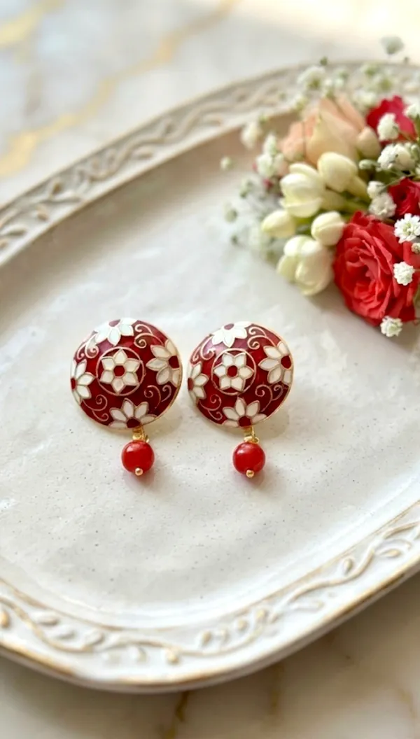 Red_Meenakari_Floral_Round_Studs_with_Drop_Beads