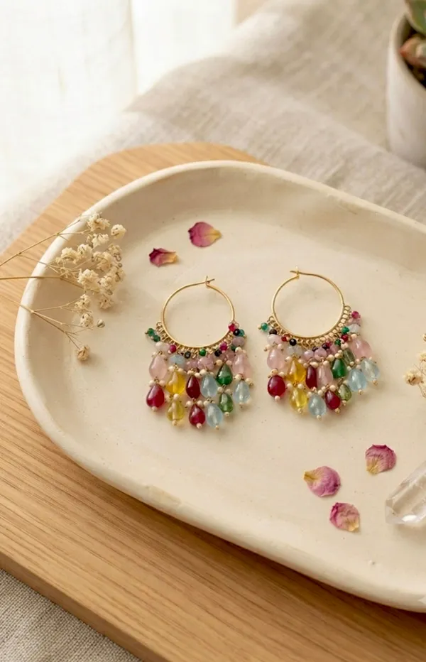 Pink_Gold_Stainless_Steel_Gemstone_Beaded_Fringe_Hoop_Earrings_For_Women_Pack_Of_2