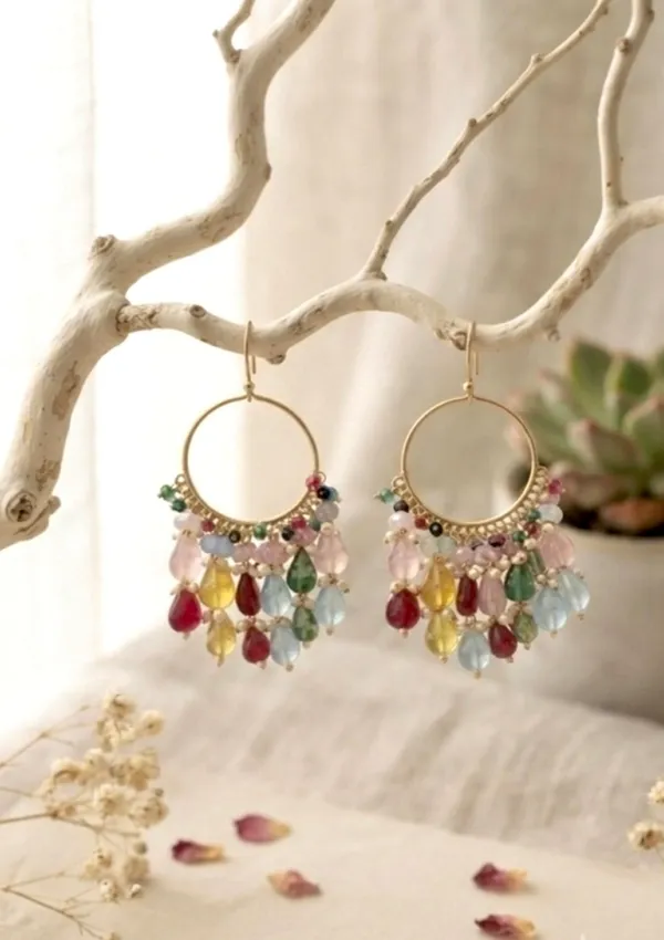 Pink_Gold_Stainless_Steel_Gemstone_Beaded_Fringe_Hoop_Earrings_For_Women_Pack_Of_2