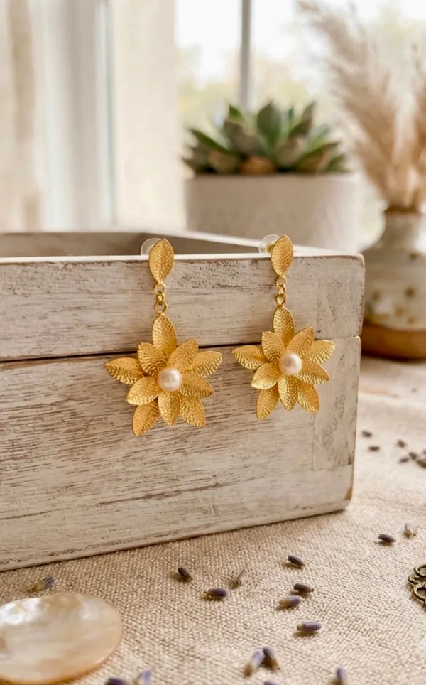 Gold_Brass_Petal_Pearl_Drop_Stud_Earrings_For_Women