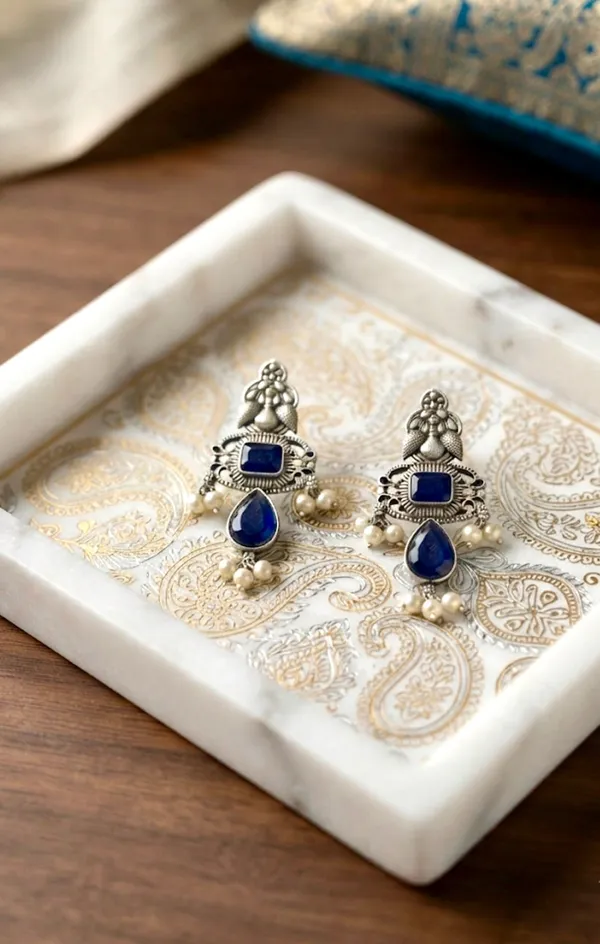 Oxidised_Silver_Blue_Stone_Pearl_Drop