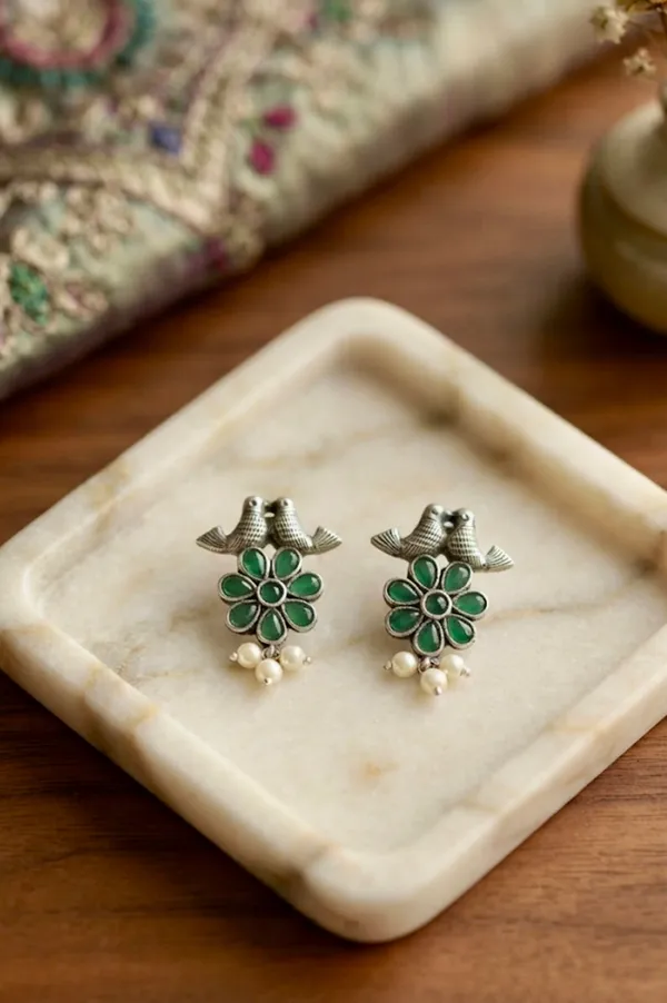 Green_Brass_Oxidised_Silver_Bird_Flower_Stud_Earrings_For_Women_Pack_Of_2