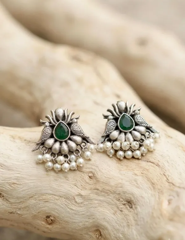 Dual_Bird_Green_Stone_Oxidised_Silver_Chandbali_Stud_Earrings.