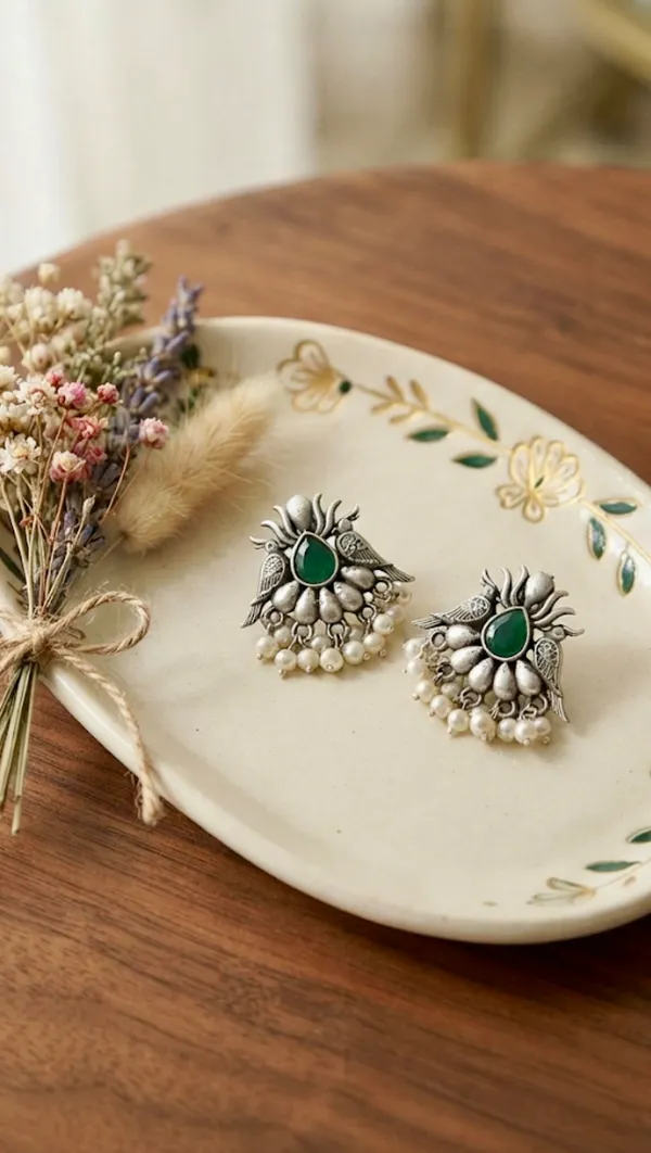 Dual_Bird_Green_Stone_Oxidised_Silver_Chandbali_Stud_Earrings.