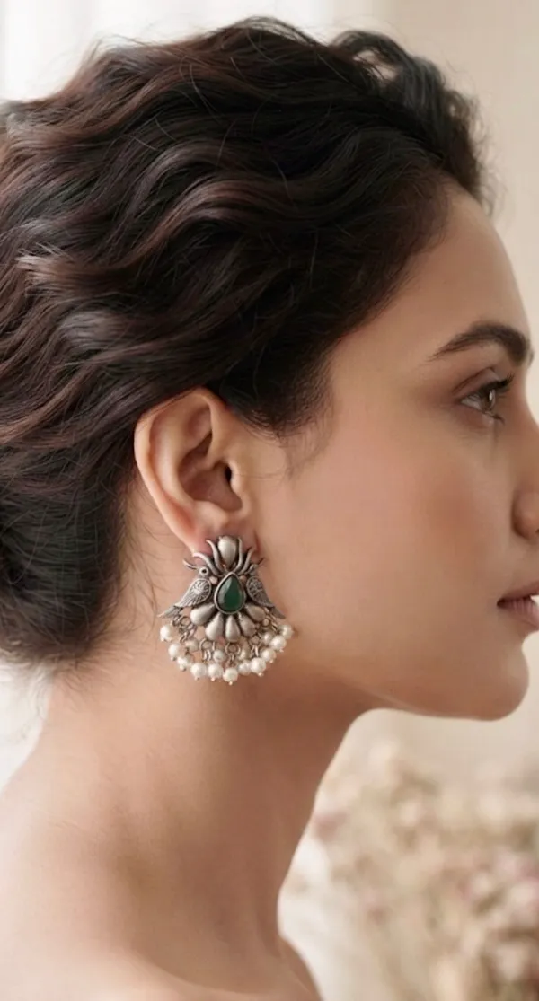 Dual_Bird_Green_Stone_Oxidised_Silver_Chandbali_Stud_Earrings.