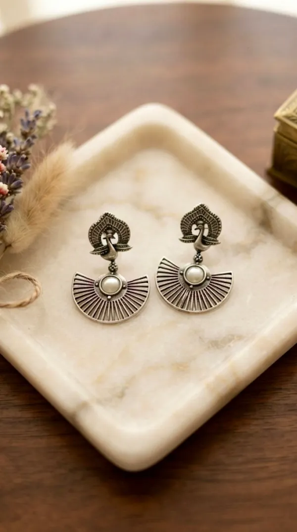 Peacock_Motif_Fan-Shaped_Oxidised_Silver_Drop_Earrings