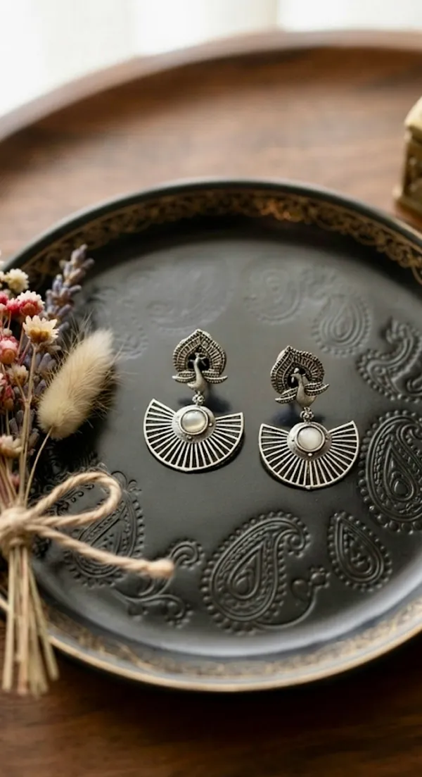 Silver_Brass_Peacock_Motif_Fan_Shaped_Oxidised_Drop_Earrings_For_Women_Pack_Of_2