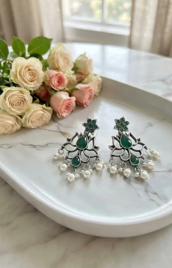 Oxidized_Silver_Green_Stone_Lotus_Dangler_Earrings.