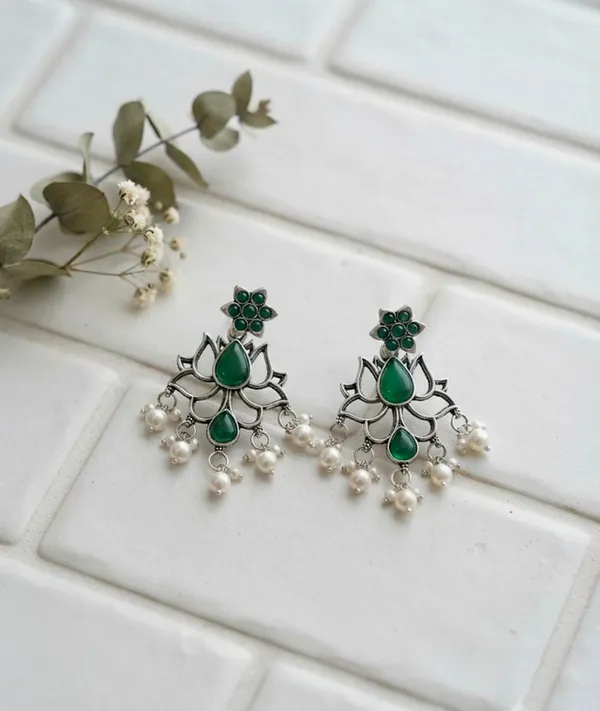 Oxidized_Silver_Green_Stone_Lotus_Dangler_Earrings.