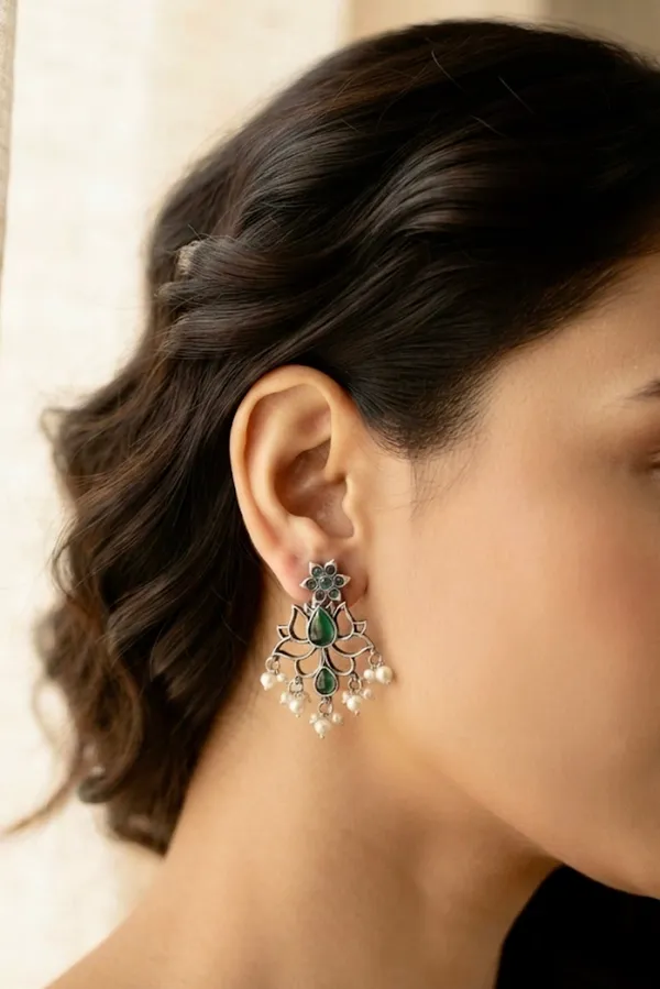Silver_Alloy_Oxidized_Green_Stone_Lotus_Dangler_Earrings_For_Women_Pack_Of_2