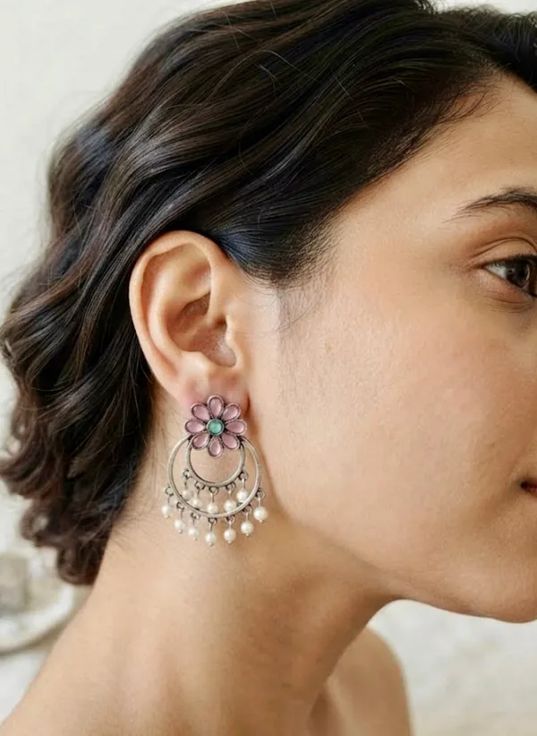 Oxidized_Silver_Pink_Floral_Chandbali_Dangler_Earrings.