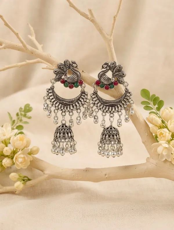 Oxidised_Silver_Peacock_Chandbali_Jhumka_Earrings