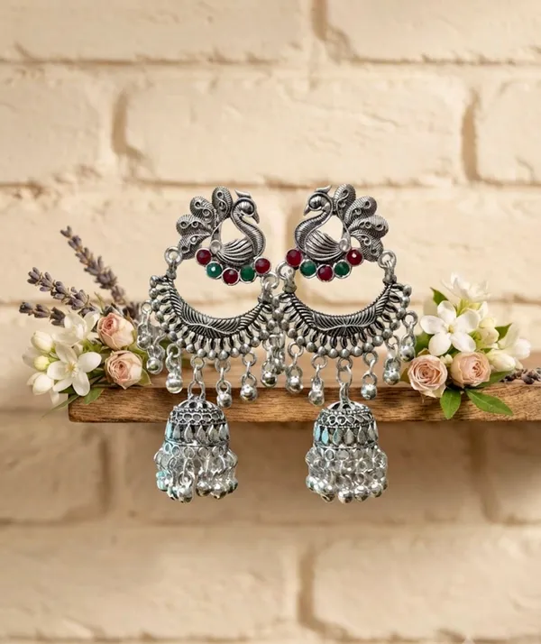 Silver_Alloy_Oxidised_Peacock_Chandbali_Jhumka_Earrings_For_Women_Pack_Of_2