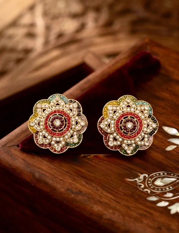 "_Gulika_"_Navratna_Floral_Kundan_Studs
