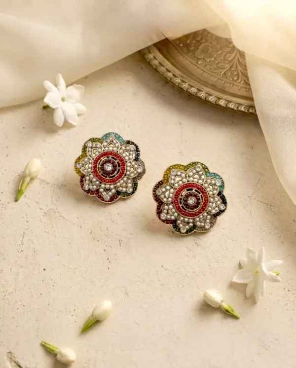 "_Gulika_"_Navratna_Floral_Kundan_Studs