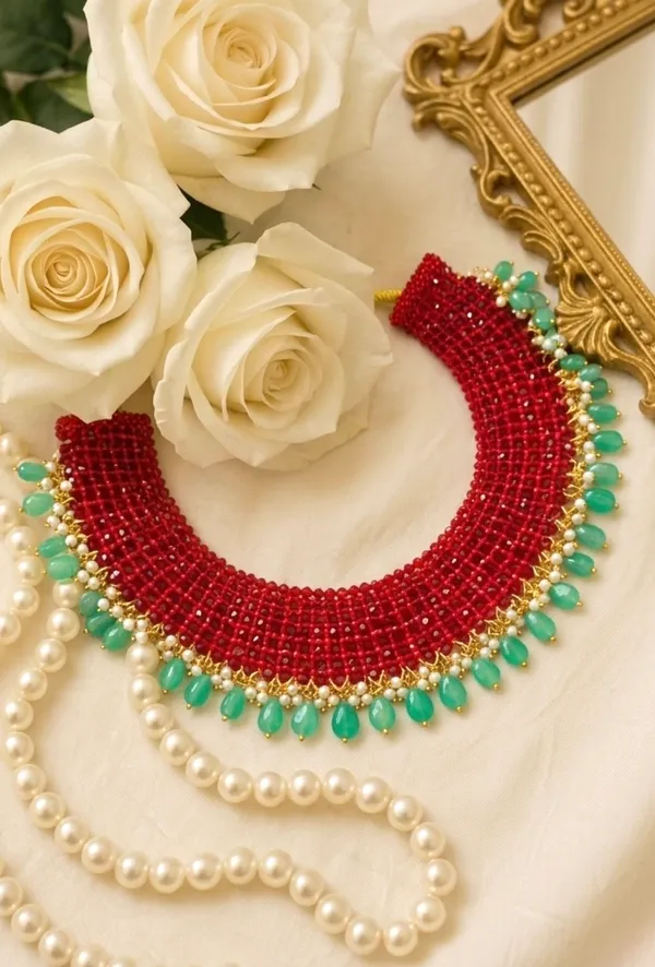 The_Rukmani_Crimson_Mesh_Choker_With_Emerald_Drop