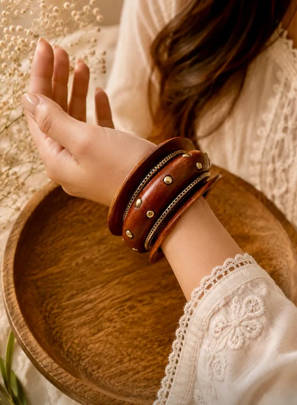 Brown_Wood_Brass_Harmony_Stack_Bracelet_For_Women