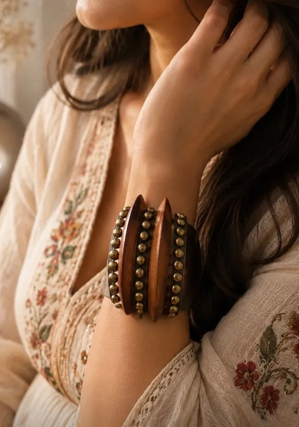 Brown_Wood_Brass_Amber_Stack_Bracelet_For_Women
