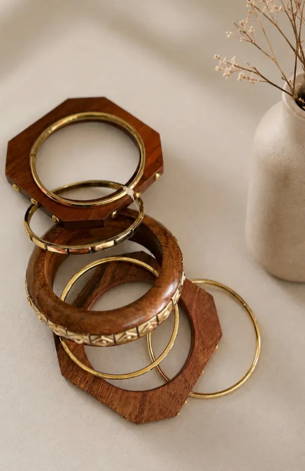 Brown_Wood_Brass_Stack_Bracelet_For_Women