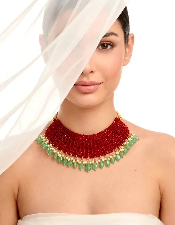 The_Rukmani_Crimson_Mesh_Choker_With_Emerald_Drop