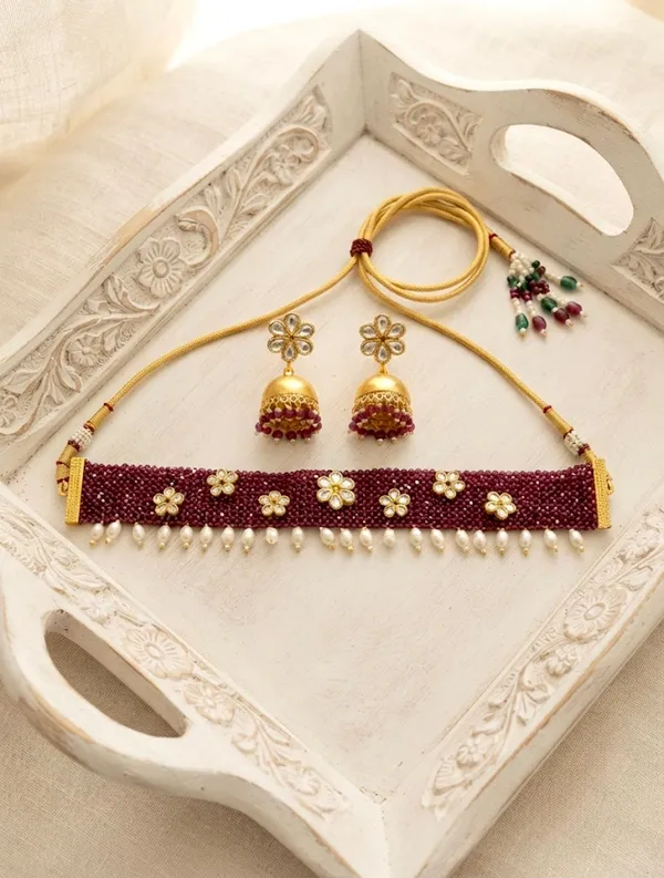 "_Gulnaaz_"_Maroon_Velvet_Floral_Pearl_Choker