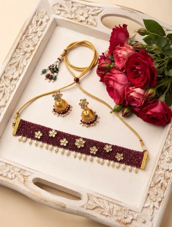 Red_Velvet_Floral_Pearl_Kundan_Choker_Necklace_For_Women