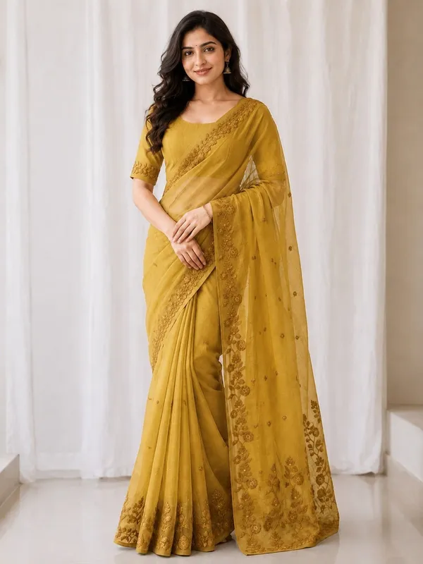 KHODAL_TRENDZ_Embroidered,_Floral_Print,_Solid/Plain_Daily_Wear_Pure_Cotton_Saree_(Yellow)