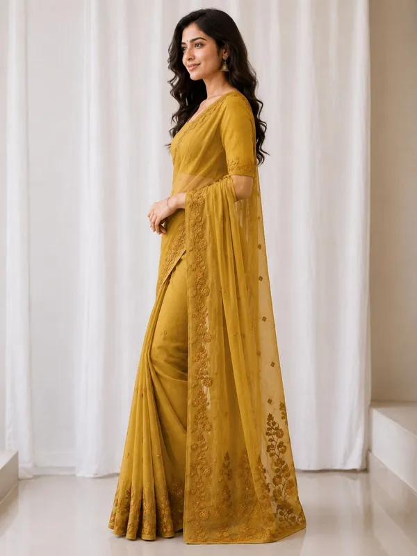 KHODAL_TRENDZ_Embroidered,_Floral_Print,_Solid/Plain_Daily_Wear_Pure_Cotton_Saree_(Yellow)