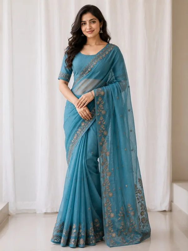 KHODAL_TRENDZ_Embroidered,_Floral_Print,_Solid/Plain_Daily_Wear_Pure_Cotton_Saree_(Blue)