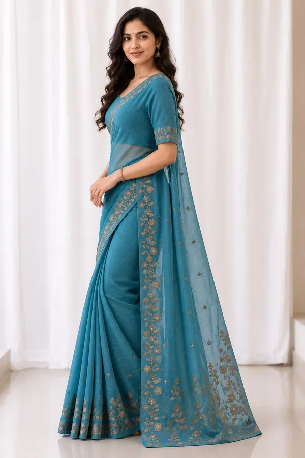 KHODAL_TRENDZ_Embroidered,_Floral_Print,_Solid/Plain_Daily_Wear_Pure_Cotton_Saree_(Blue)