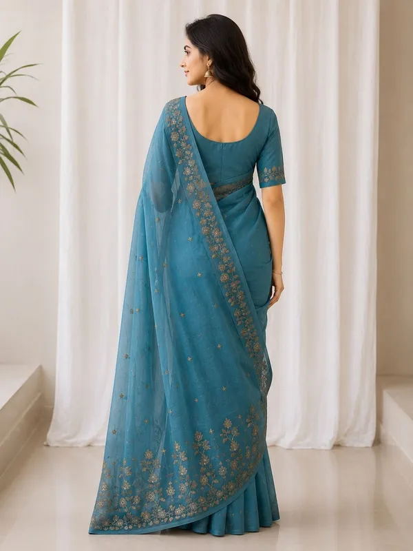 KHODAL_TRENDZ_Embroidered,_Floral_Print,_Solid/Plain_Daily_Wear_Pure_Cotton_Saree_(Blue)