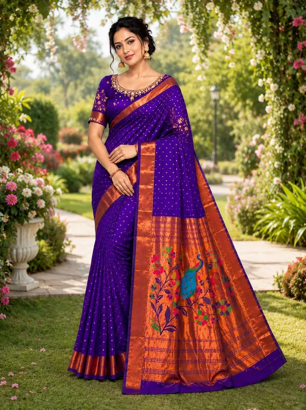 khodal_trends_Floral_Print,_Paisley,_Woven_Paithani_Jacquard_Saree_(Blue)