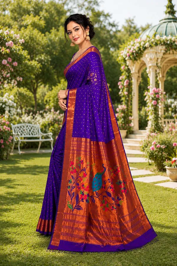 khodal_trends_Floral_Print,_Paisley,_Woven_Paithani_Jacquard_Saree_(Blue)