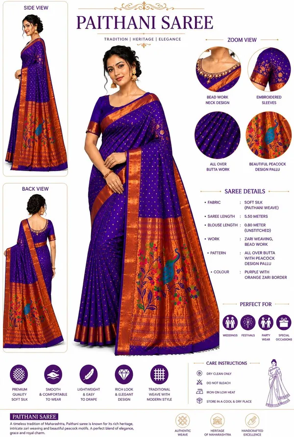 khodal_trends_Floral_Print,_Paisley,_Woven_Paithani_Jacquard_Saree_(Blue)