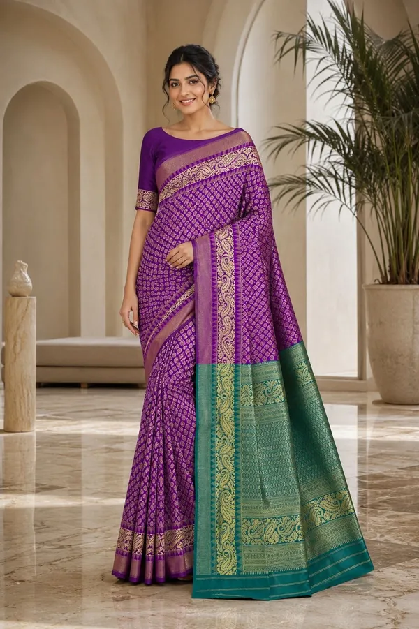 KHODAL_TREND_Woven,_Paisley,_Geometric_Print,_Self_Design,_Floral_Print_Jamdani_Cotton_Blend,_Jacquard_Saree_(Purple)