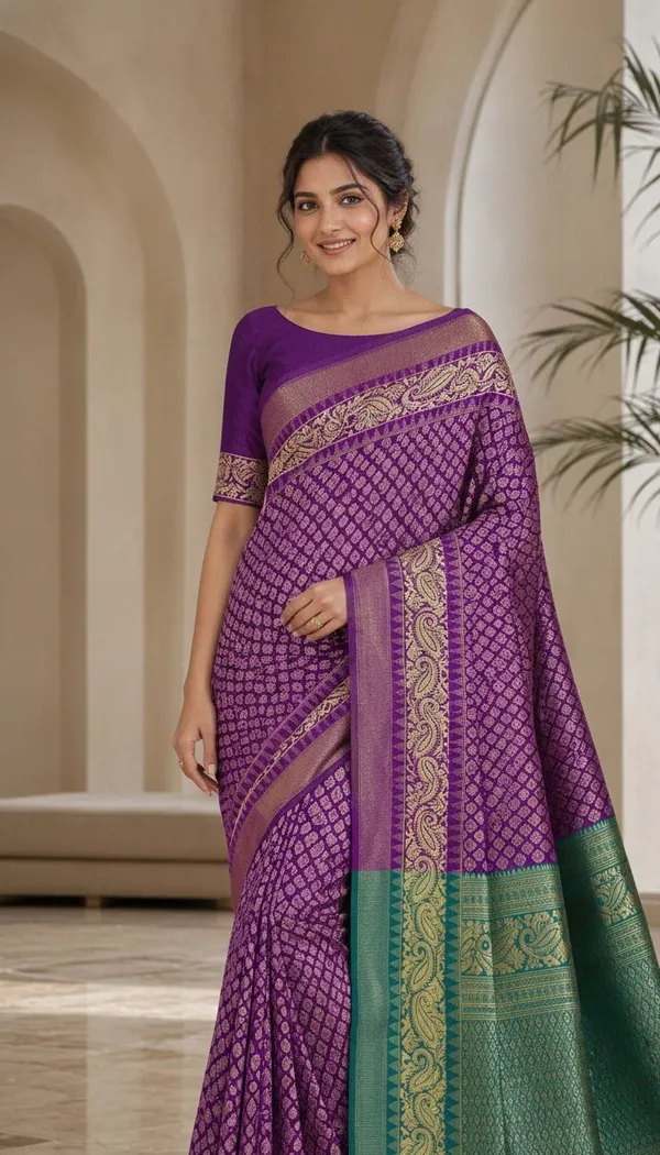 KHODAL_TREND_Woven,_Paisley,_Geometric_Print,_Self_Design,_Floral_Print_Jamdani_Cotton_Blend,_Jacquard_Saree_(Purple)