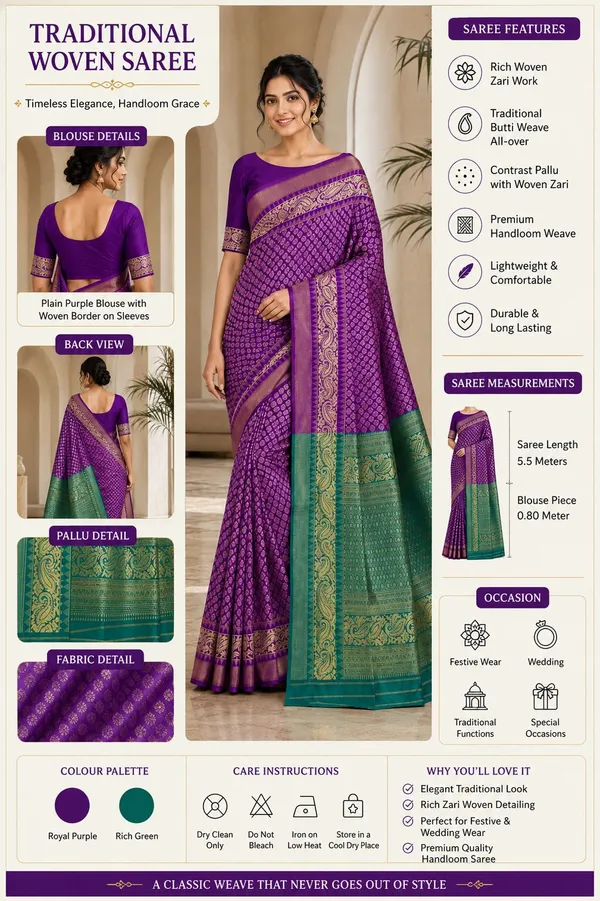 KHODAL_TREND_Woven,_Paisley,_Geometric_Print,_Self_Design,_Floral_Print_Jamdani_Cotton_Blend,_Jacquard_Saree_(Purple)