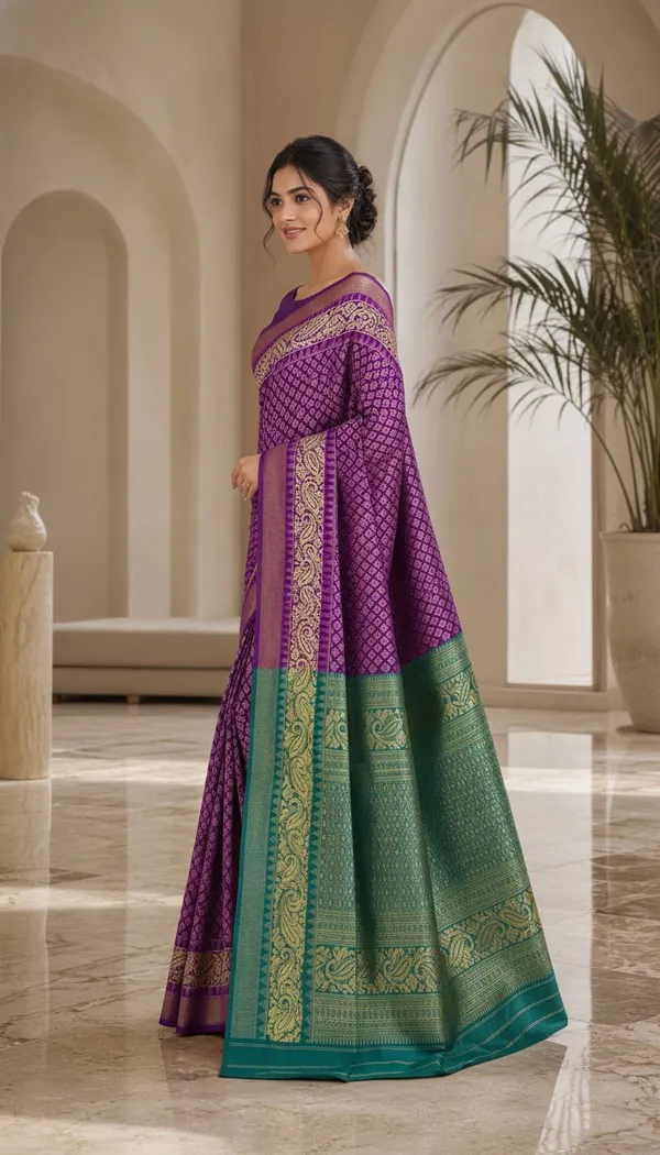KHODAL_TREND_Woven,_Paisley,_Geometric_Print,_Self_Design,_Floral_Print_Jamdani_Cotton_Blend,_Jacquard_Saree_(Purple)
