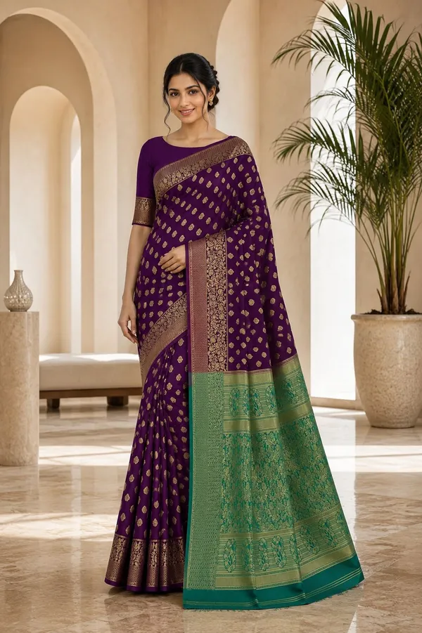 KHODAL_TREND_Woven,_Self_Design_Jamdani_Cotton_Blend,_Jacquard_Saree_(Purple)