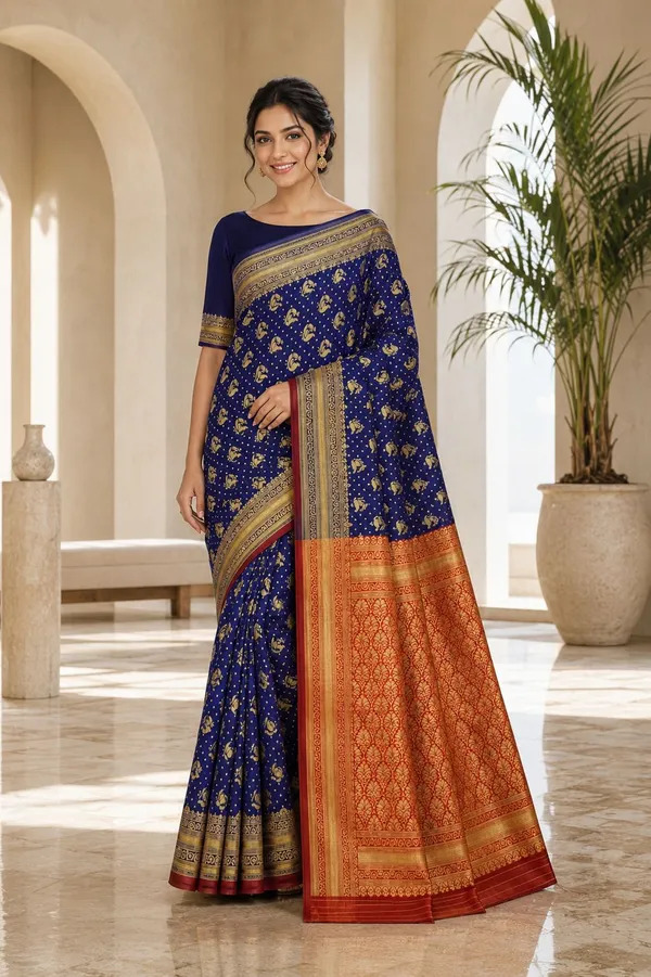 KHOLDAL_TREND_Woven,_Temple_Border,_Paisley,_Self_Design_Jamdani_Jacquard_Saree_(Blue)
