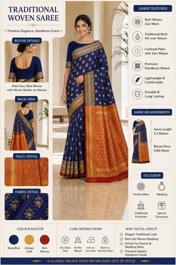 KHOLDAL_TREND_Woven,_Temple_Border,_Paisley,_Self_Design_Jamdani_Jacquard_Saree_(Blue)
