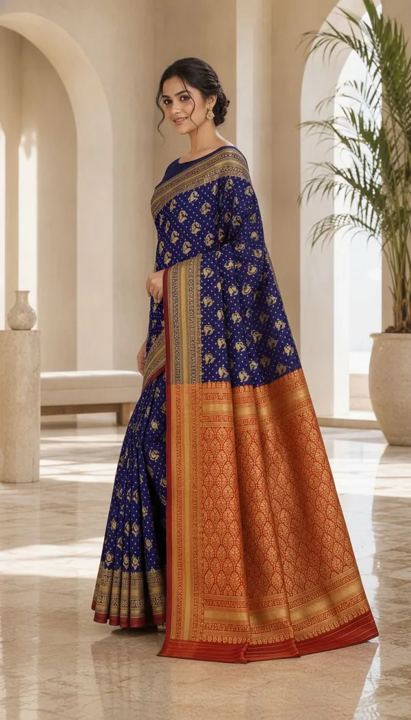 KHOLDAL_TREND_Woven,_Temple_Border,_Paisley,_Self_Design_Jamdani_Jacquard_Saree_(Blue)