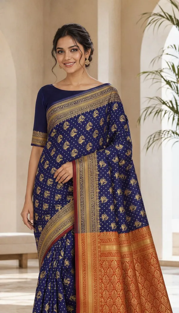 KHOLDAL_TREND_Woven,_Temple_Border,_Paisley,_Self_Design_Jamdani_Jacquard_Saree_(Blue)