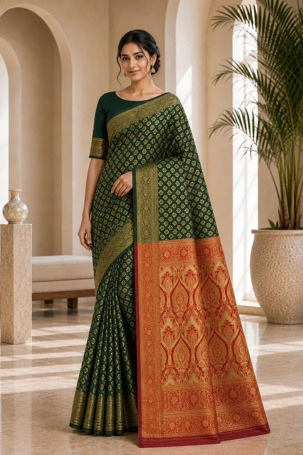 KHODAL_TREND_Woven,_Paisley,_Embellished,_Self_Design,_Temple_Border_Jamdani_Cotton_Blend,_Jacquard_Saree_(Green)