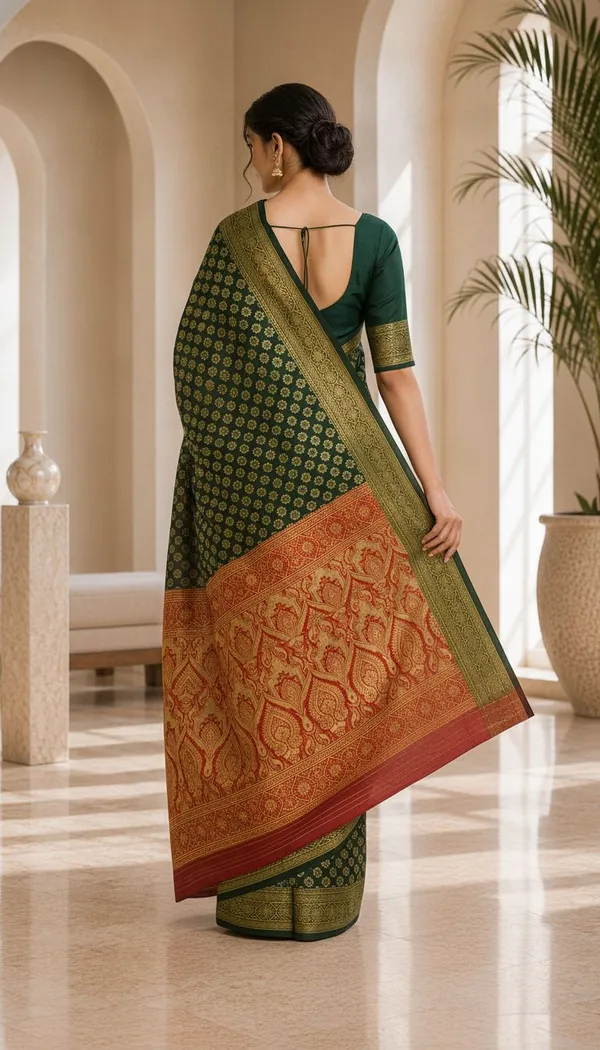 KHODAL_TREND_Woven,_Paisley,_Embellished,_Self_Design,_Temple_Border_Jamdani_Cotton_Blend,_Jacquard_Saree_(Green)