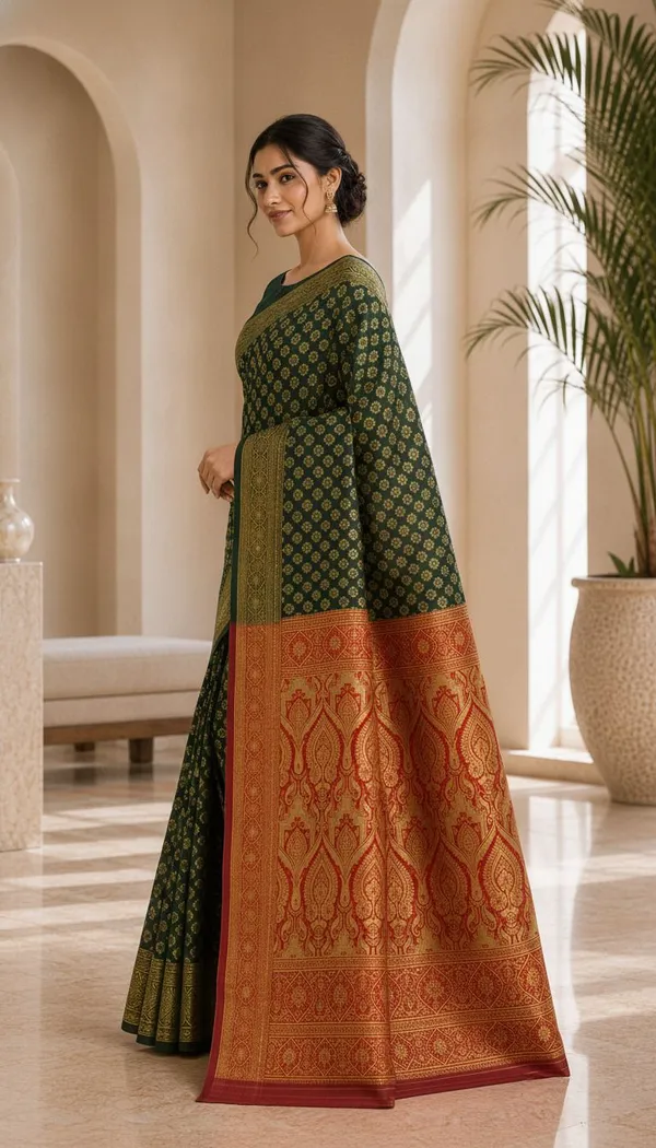 KHODAL_TREND_Woven,_Paisley,_Embellished,_Self_Design,_Temple_Border_Jamdani_Cotton_Blend,_Jacquard_Saree_(Green)