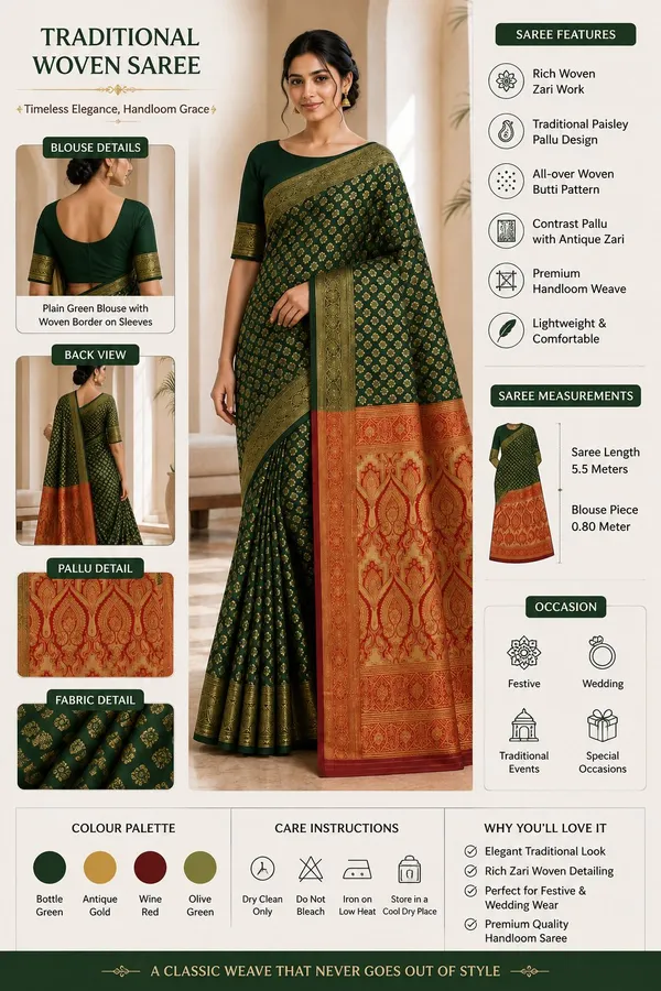 KHODAL_TREND_Woven,_Paisley,_Embellished,_Self_Design,_Temple_Border_Jamdani_Cotton_Blend,_Jacquard_Saree_(Green)