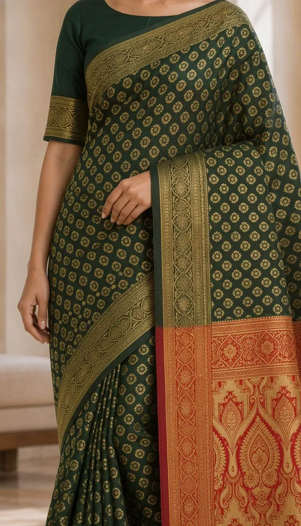 KHODAL_TREND_Woven,_Paisley,_Embellished,_Self_Design,_Temple_Border_Jamdani_Cotton_Blend,_Jacquard_Saree_(Green)