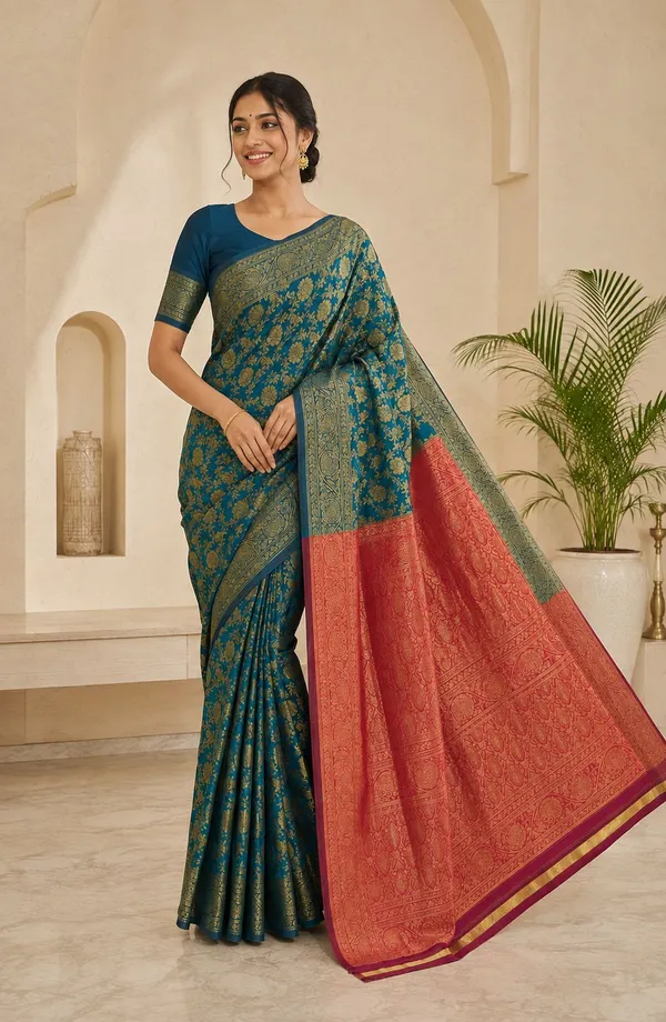 KHOLDAL_TREND_Woven,_Temple_Border,_Paisley,_Self_Design_Jamdani_Jacquard_Saree_(Blue)